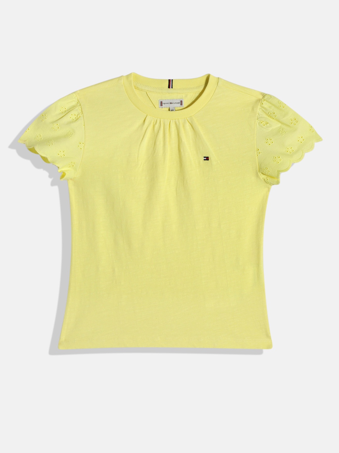 

Tommy Hilfiger Girls Solid Gathered Or Pleated Schiffli Pure Cotton Top, Lime green