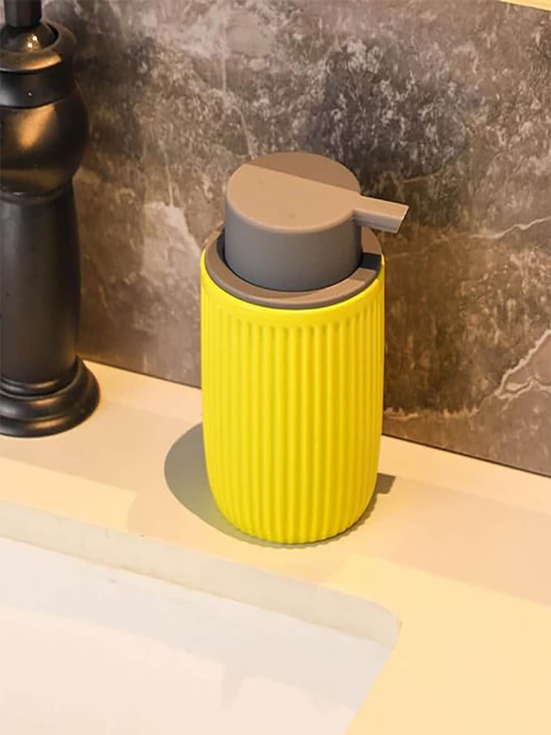 

Kuber Industries Yellow Striped Ceramic Soap Dispenser - 320 ml