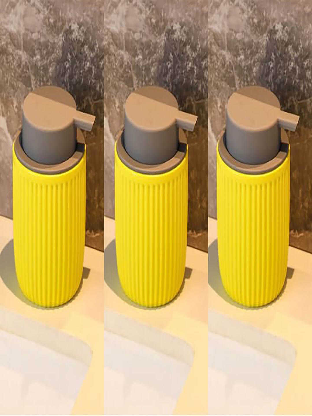 

Kuber Industries Yellow 3 Pcs Textured Ceramic Liquid Soap Dispenser 320 ml Each