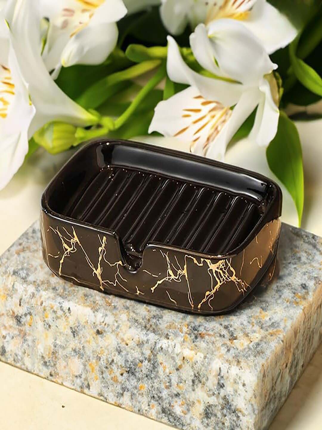 

Kuber Industries Black & Gold Toned 3 Pieces Marble Print Ceramic Soap Holder