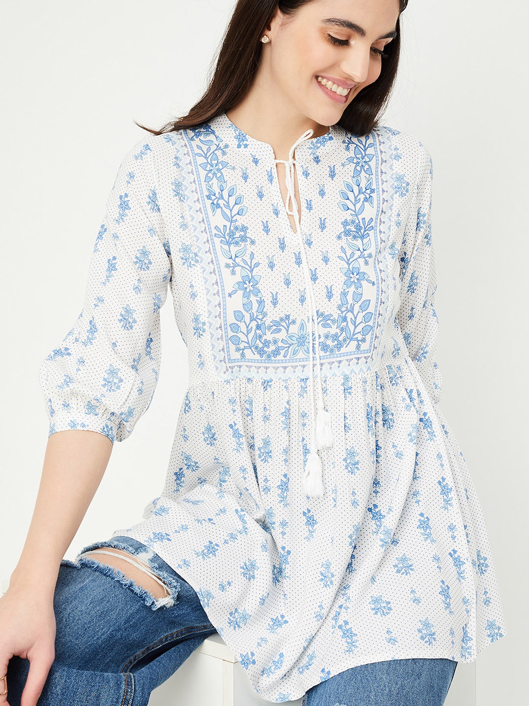 

max Mandarin Collar Printed Tunic, Off white