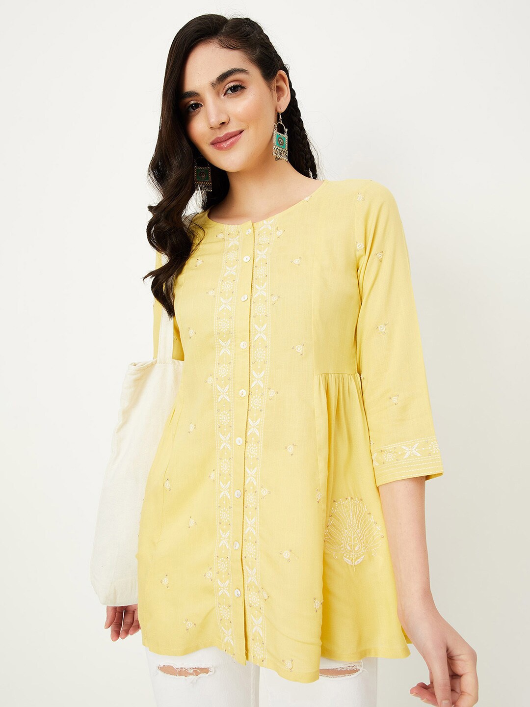 

max Embroidered Round Neck Tunic, Yellow