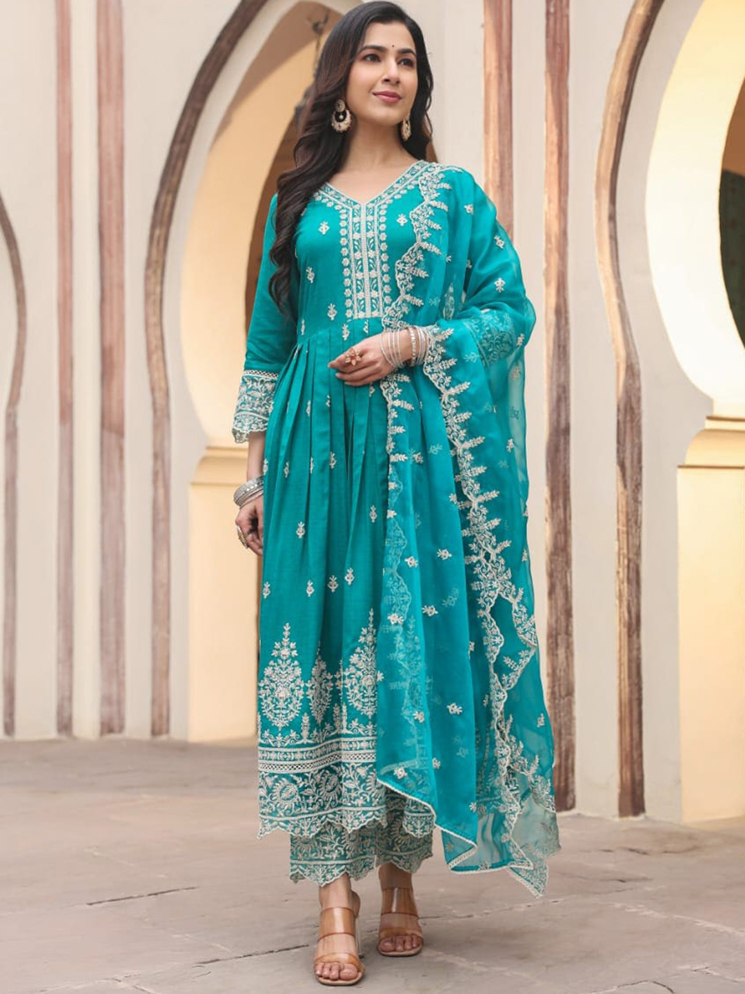 

KAJREE Floral Embroidered Pleated Thread Work Kurta With Trouser & Dupatta, Blue