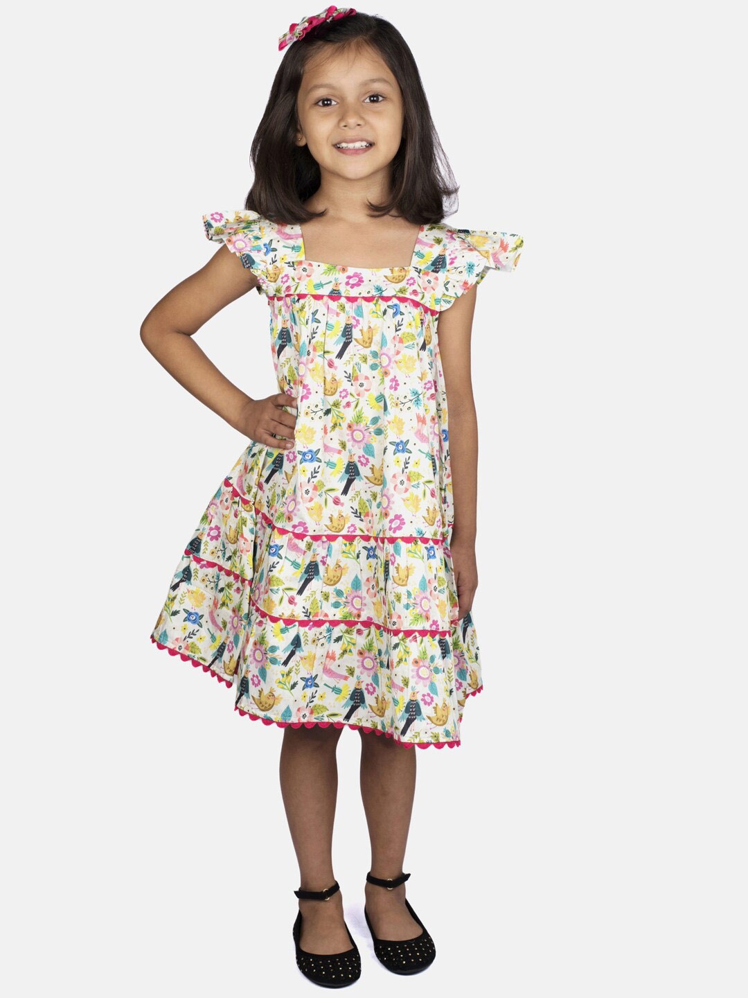 

RIBBON CANDY Kid Girls Floral Printed Fit & Flare Dress with a Pair of Tic Tac Hair Pins, Beige
