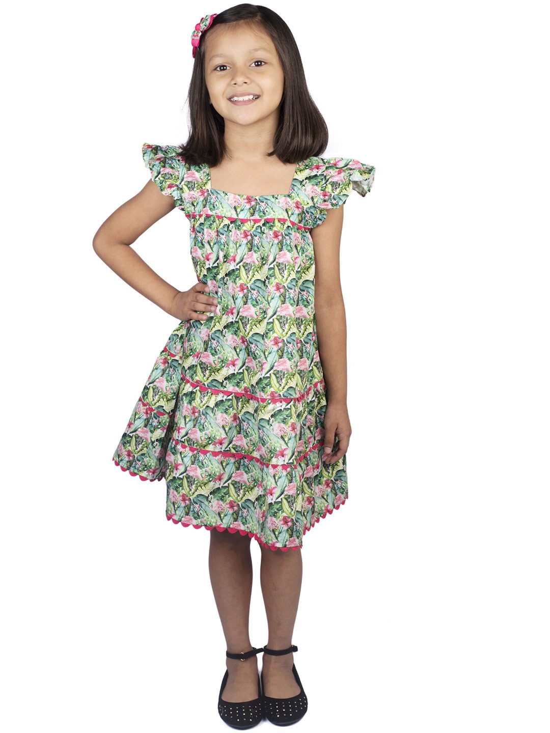 

RIBBON CANDY Kid Girls Floral Printed Flutter Sleeve Fit Flare Dress with Tic Tac Hair Pin, Green