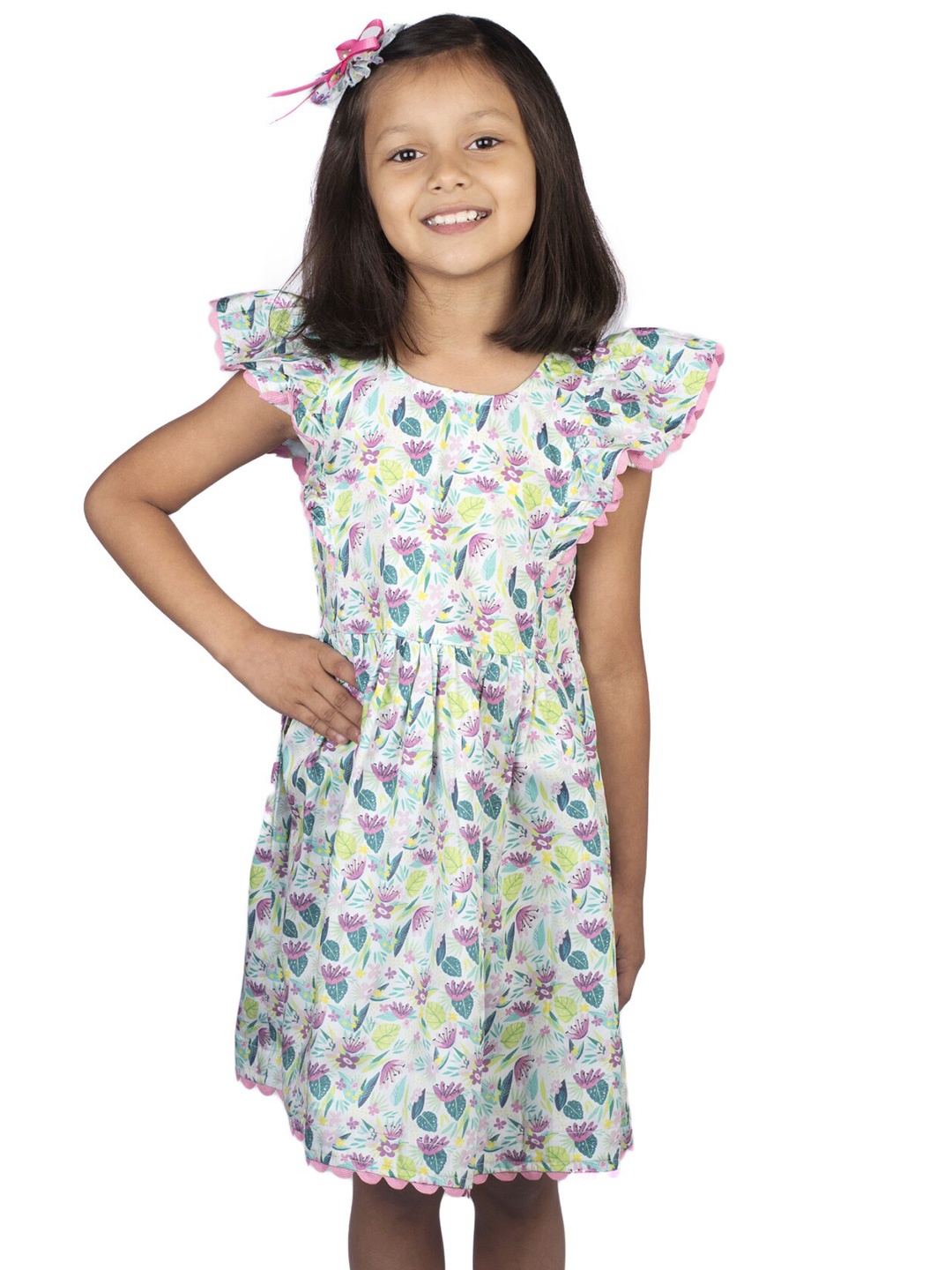 

RIBBON CANDY Kid Girls Floral Fit & Flare Dress with Alligator Hair Clip, White