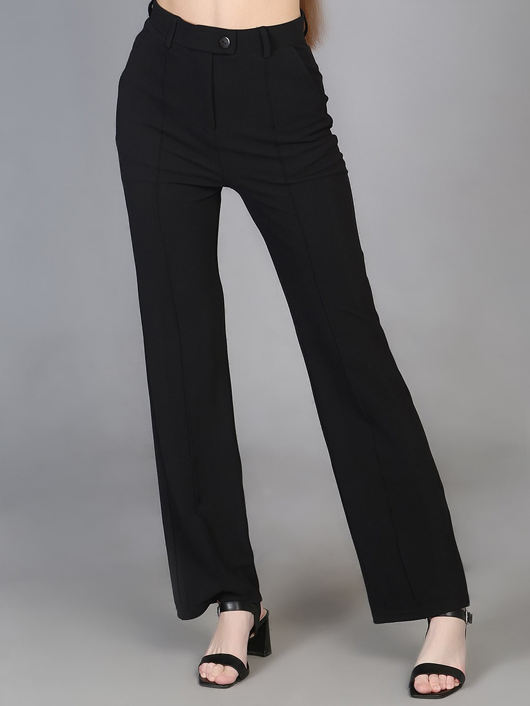 

Orchid Blues Women Flared High-Rise Trousers, Black