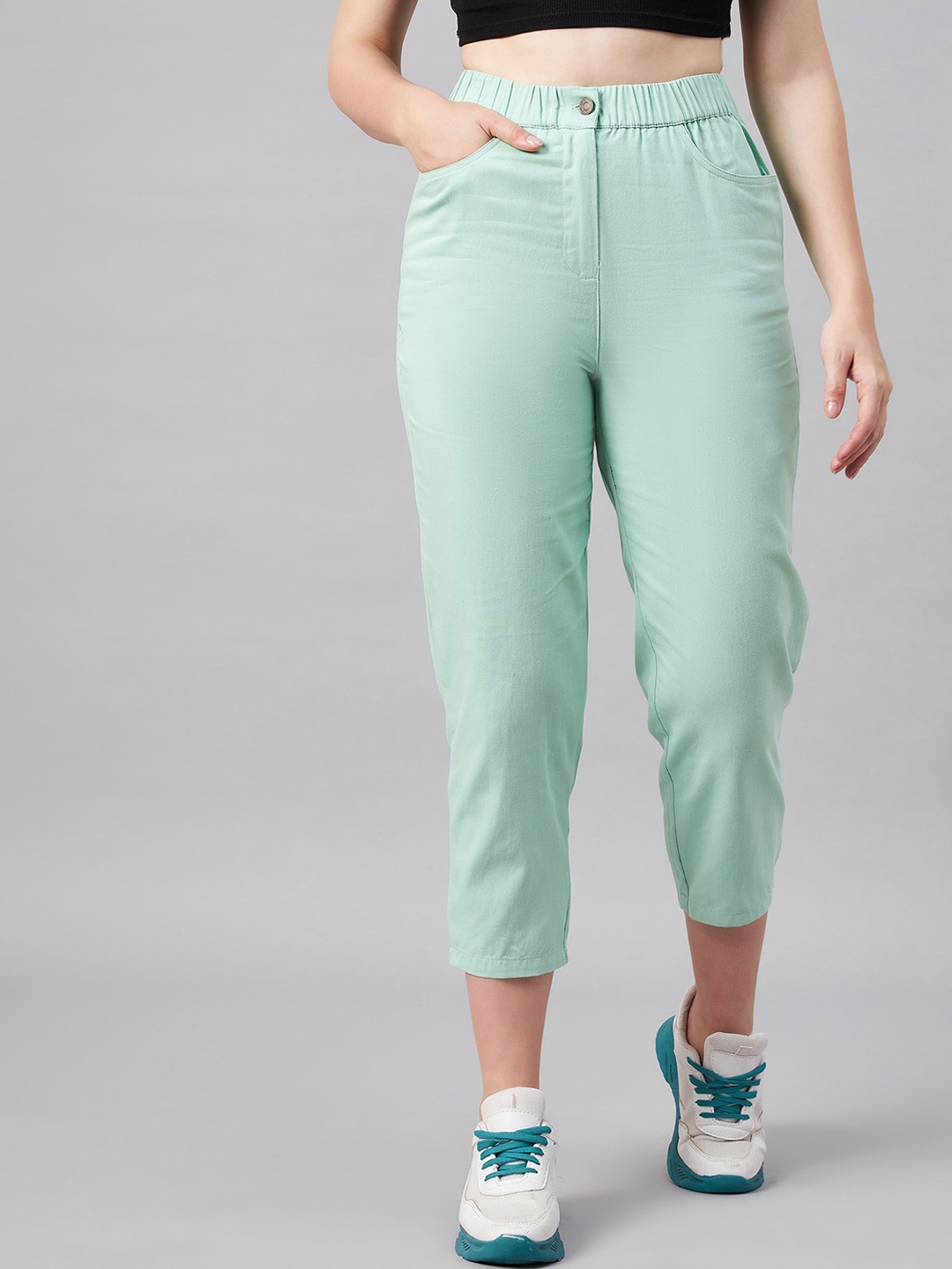 

Orchid Blues Women Relaxed Fit High-Rise Cotton Trousers, Green