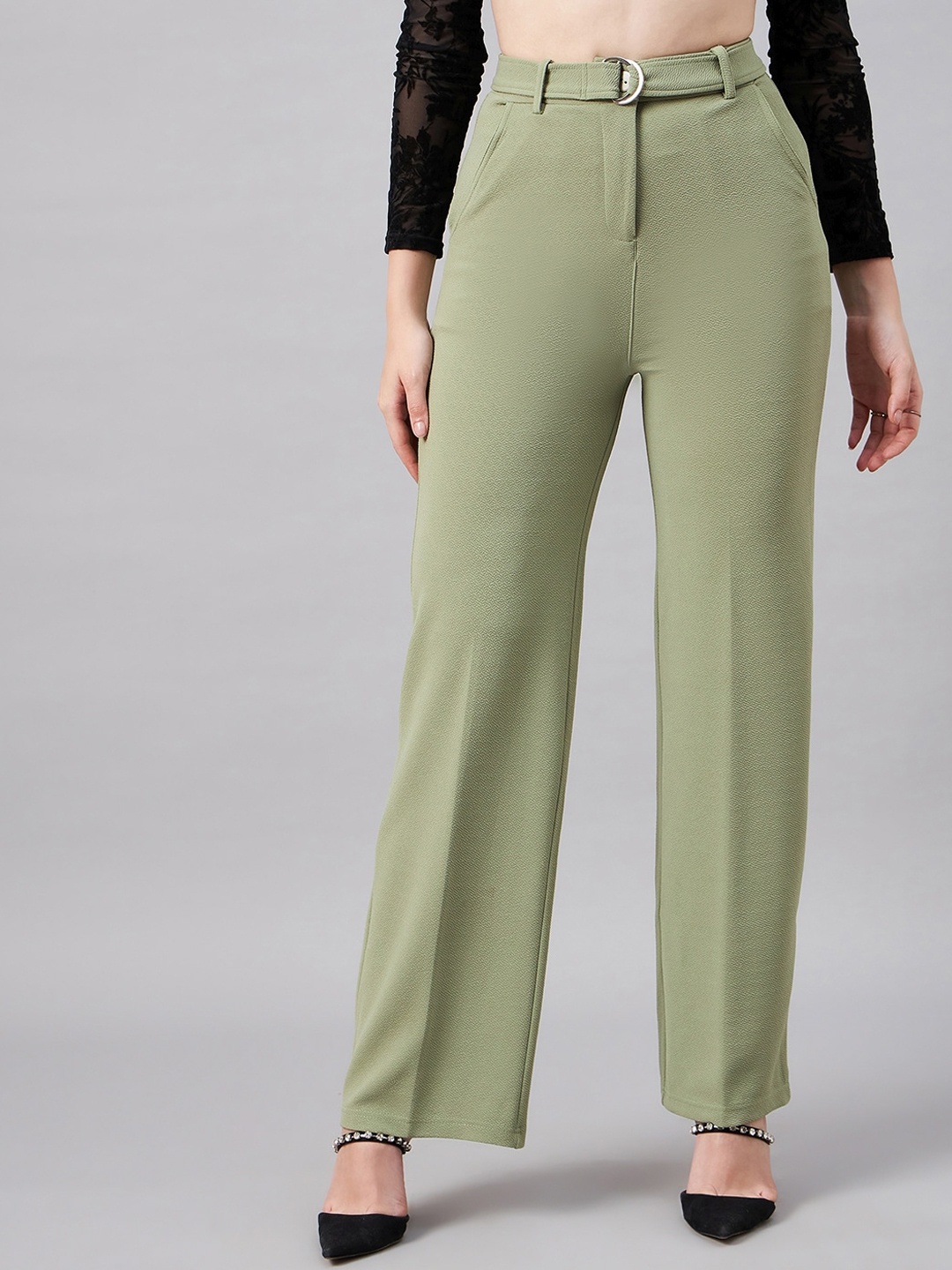 

Orchid Blues Women Flared High-Rise Trousers, Green