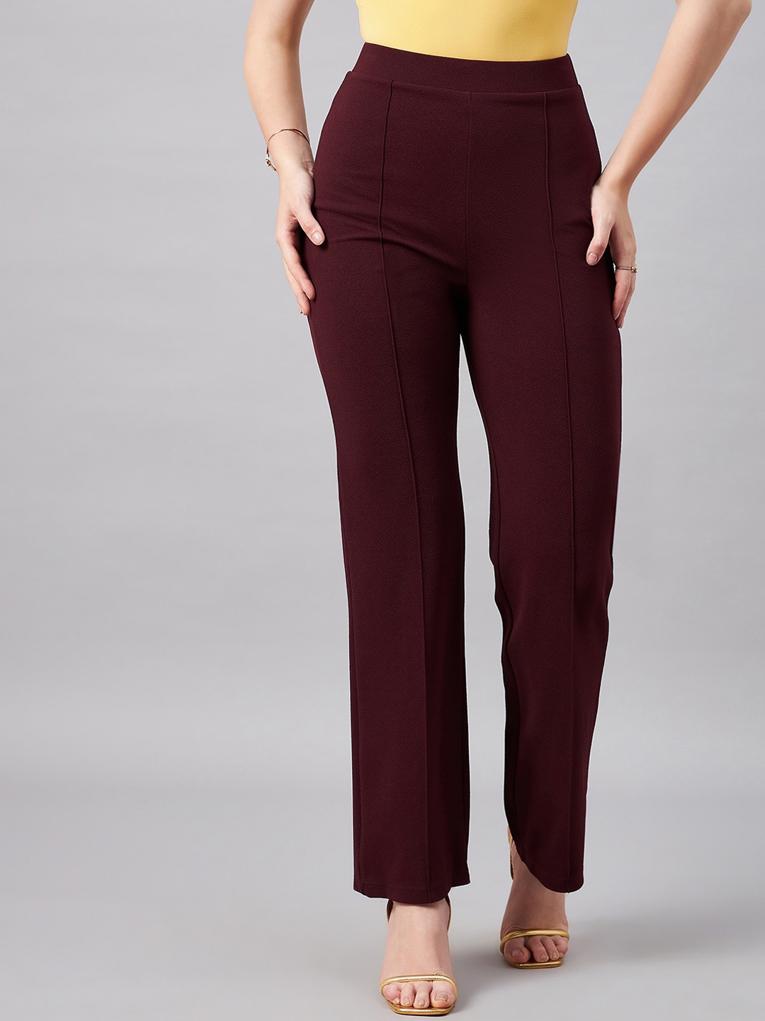 

Orchid Blues Women Flared High-Rise Trousers, Maroon