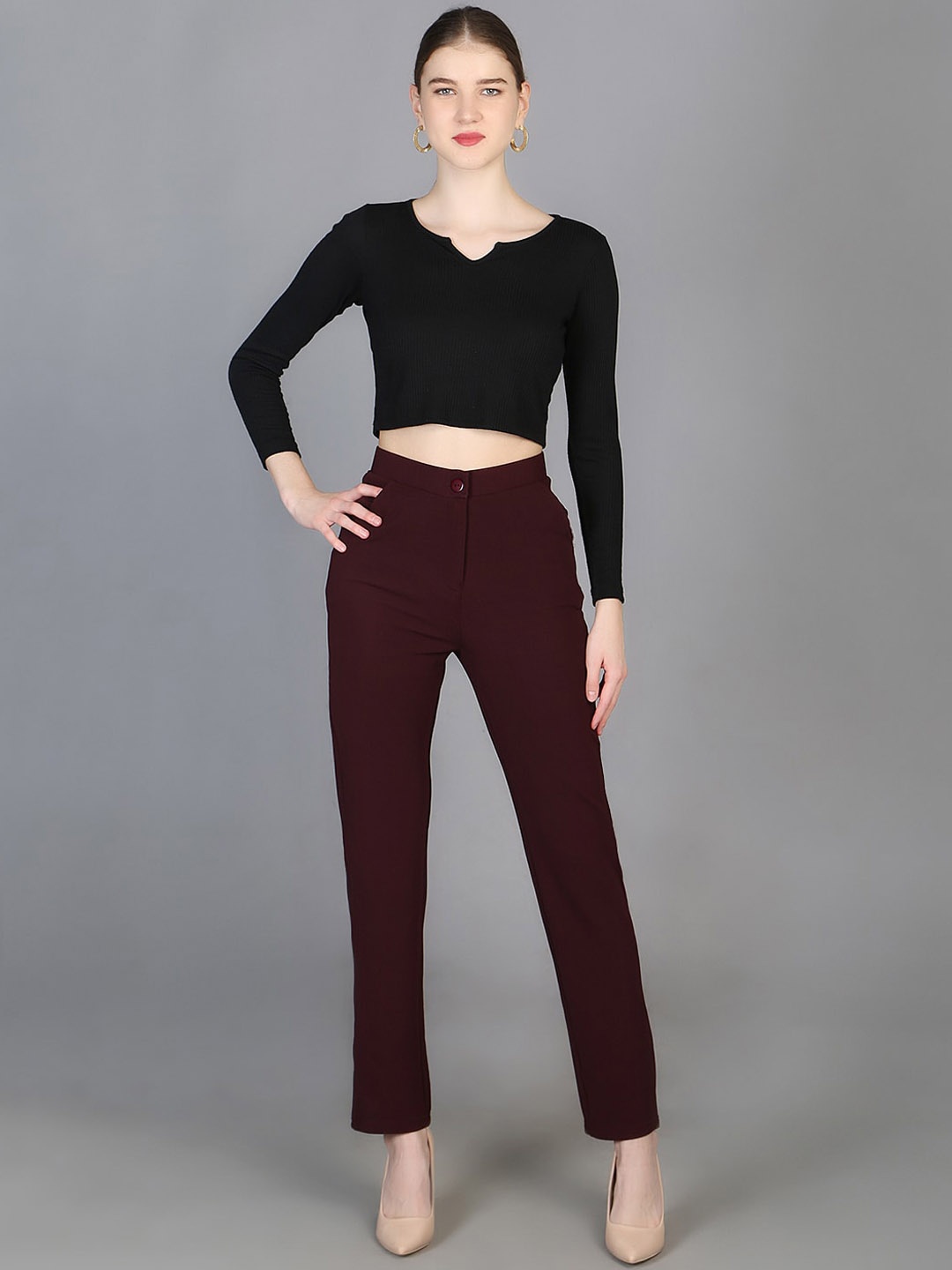 

Orchid Blues Women Flared High-Rise Trousers, Burgundy