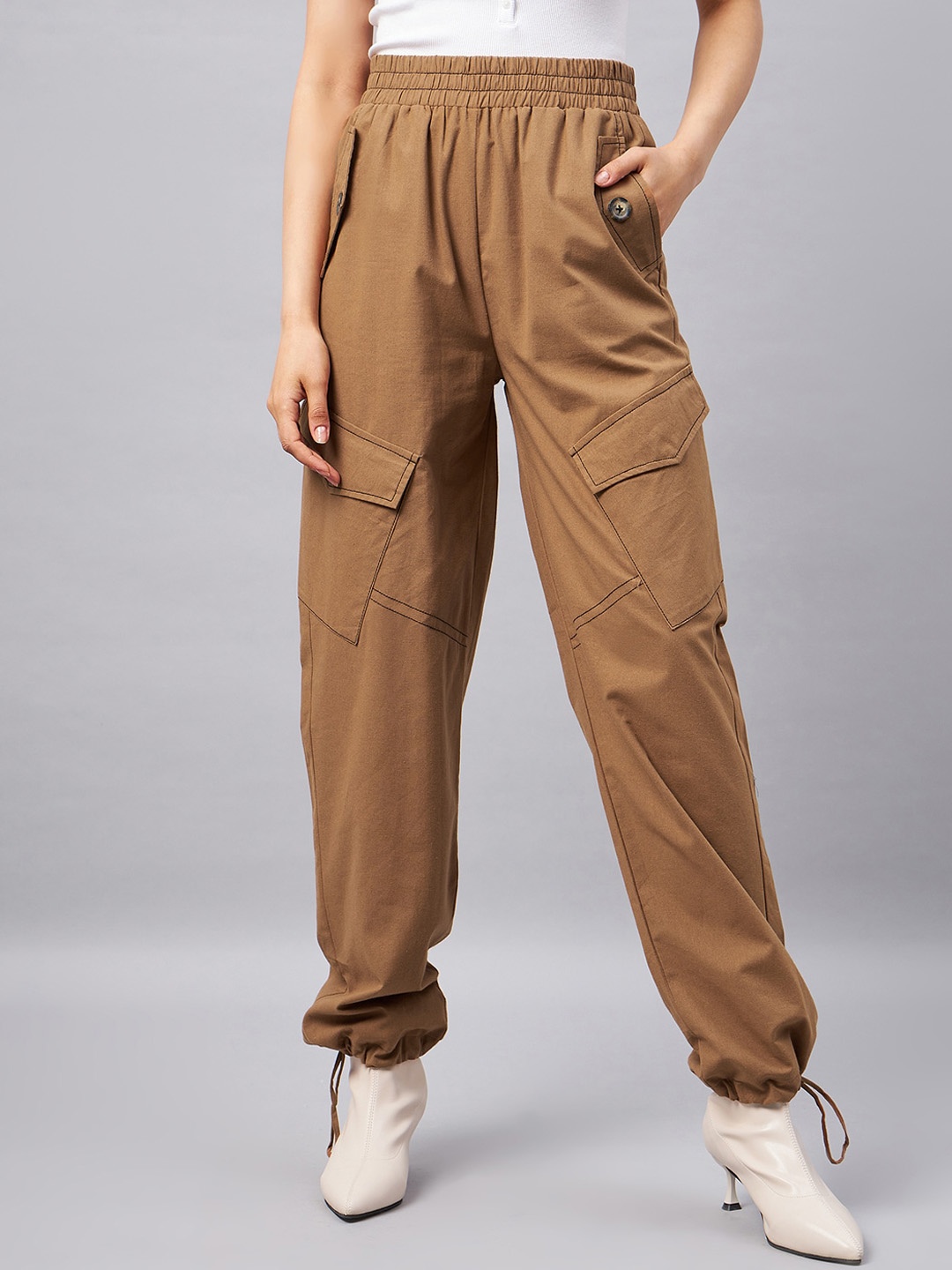 

Orchid Blues Women Loose Fit High-Rise Cotton Cargos Trousers, Brown