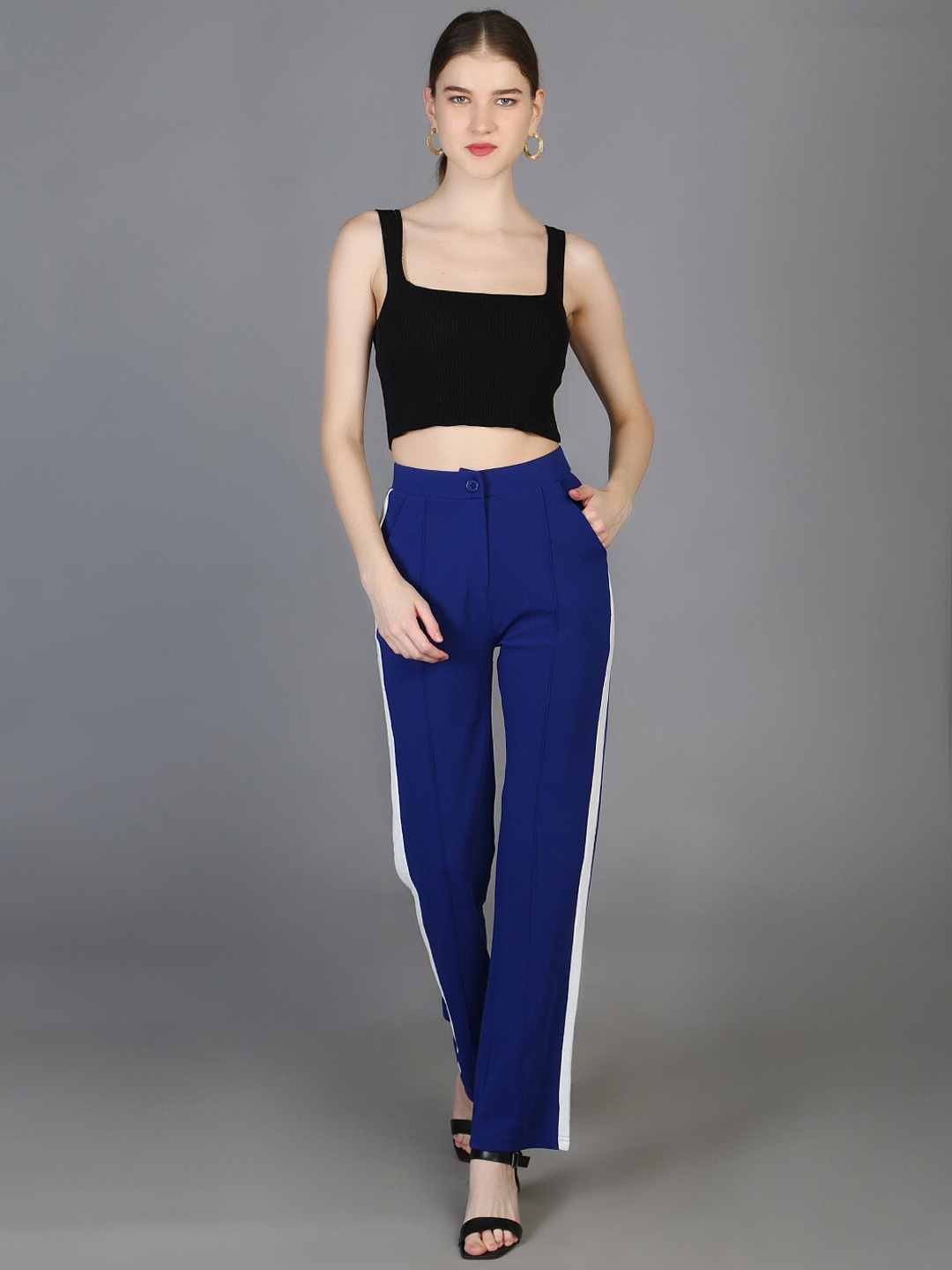 

Orchid Blues Women Striped High-Rise Trousers, Blue