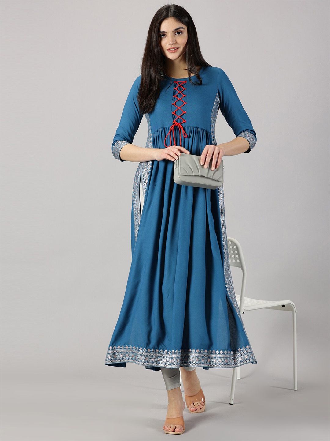 

DRESSAR Round Neck Three-Quarter Sleeves Maxi A line Dress, Blue
