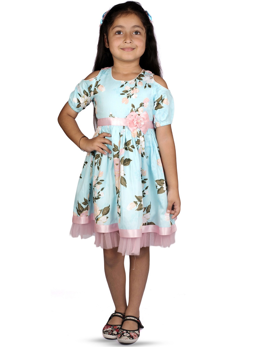 

RIBBON CANDY Girls Floral Printed Cold-Shoulder Cotton Fit & Flare Dress, Pink