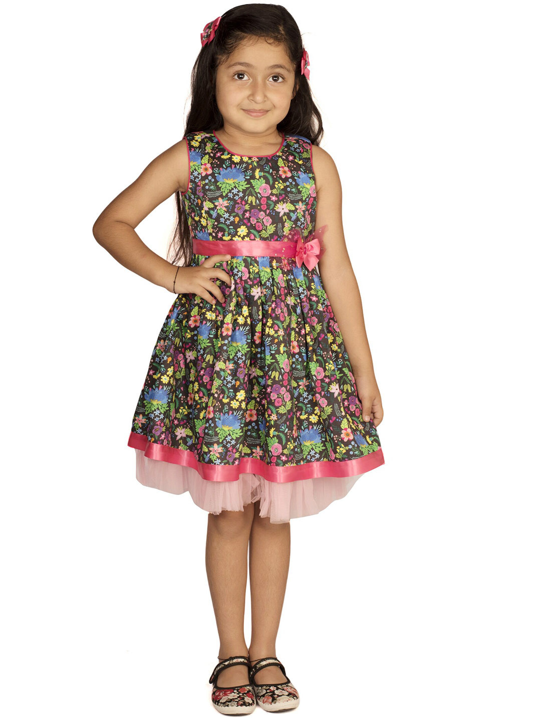 

Ribbon Candy Kid Girls Floral Cotton Fit & Flare Dress with A Pair of Tic Tac Hair Pins, Black