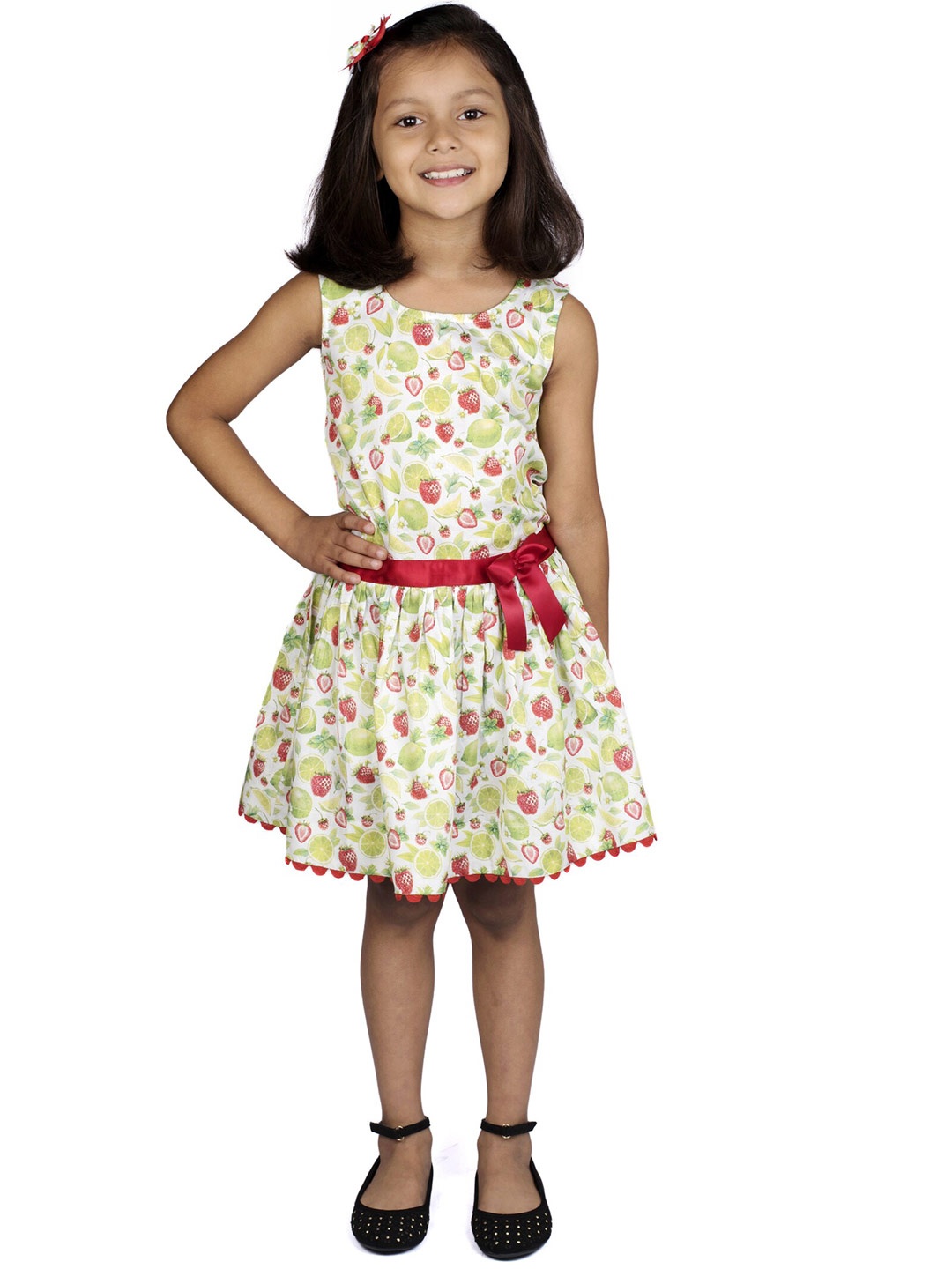 

Ribbon Candy Kid Girls Floral Cotton Fit & Flare Dress with A Pair of Tic Tac Hair Pins, White