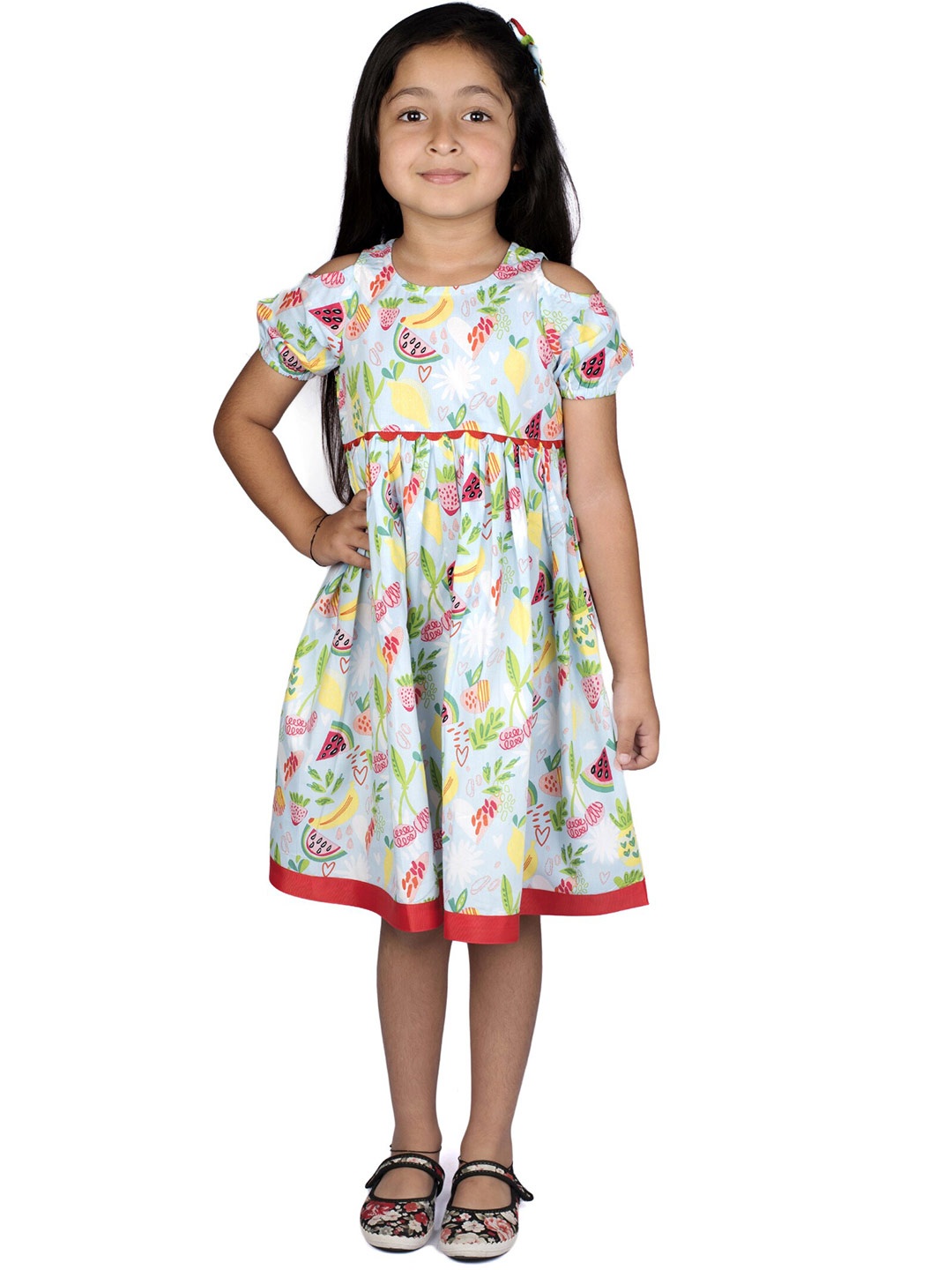 

Kid Girls Floral Printed Cold-Shoulder Cotton Fit Flare Dress with Alligator Hair clip, Blue