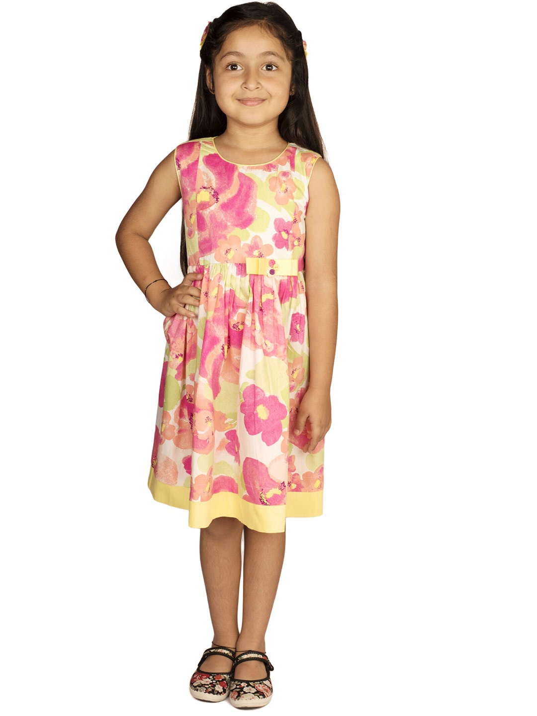 

Ribbon Candy Kid Girls Floral Cotton Fit & Flare Dress with A Pair of Tic Tac Hair Pins, Pink