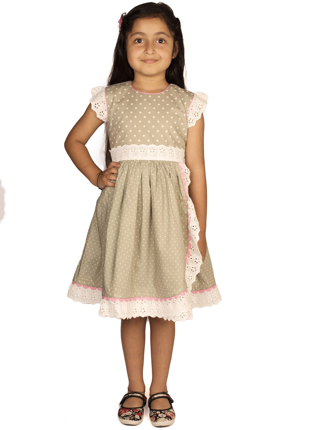 

Ribbon Candy Kid Girls Cotton Fit & Flare Dress with A Pair of Tic Tac Hair Pins, Grey