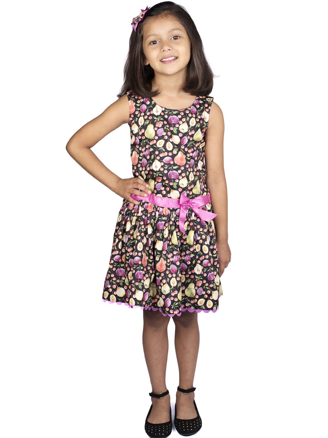 

RIBBON CANDY Kid Girls Floral Printed Cotton Fit Flare Dress with Tic Tac Hair Pin, Black