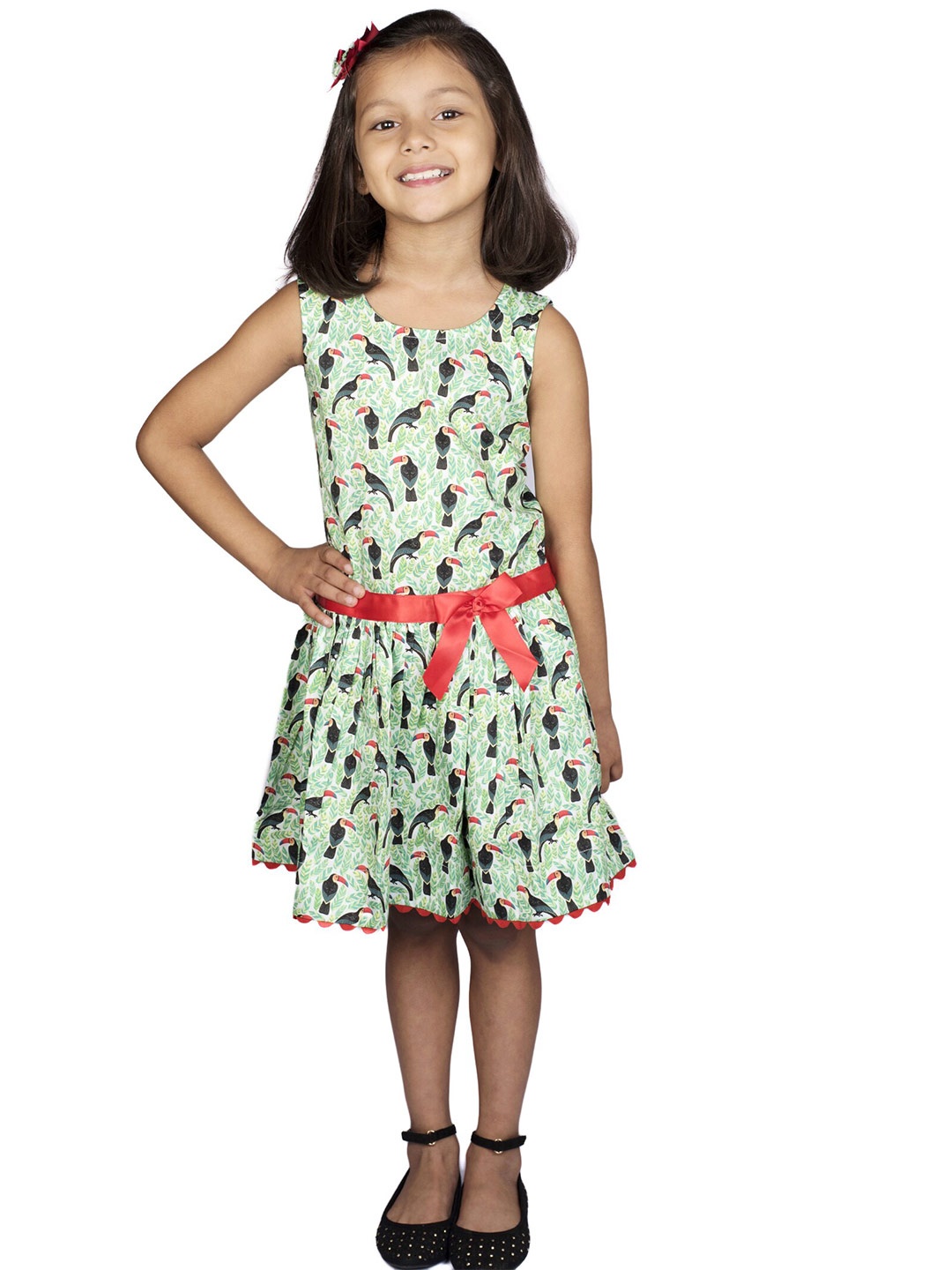 

RIBBON CANDY Kid Girls Printed Cotton A-Line Dress with Tic Tac Hair Pin, Green