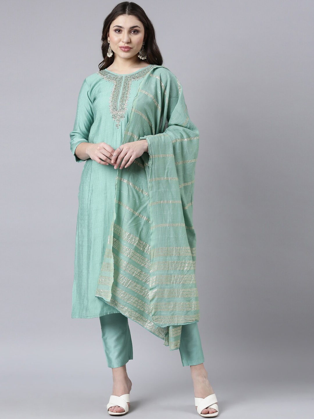 

Neerus Women Regular Aari Work Kurta with Trousers & With Dupatta, Sea green
