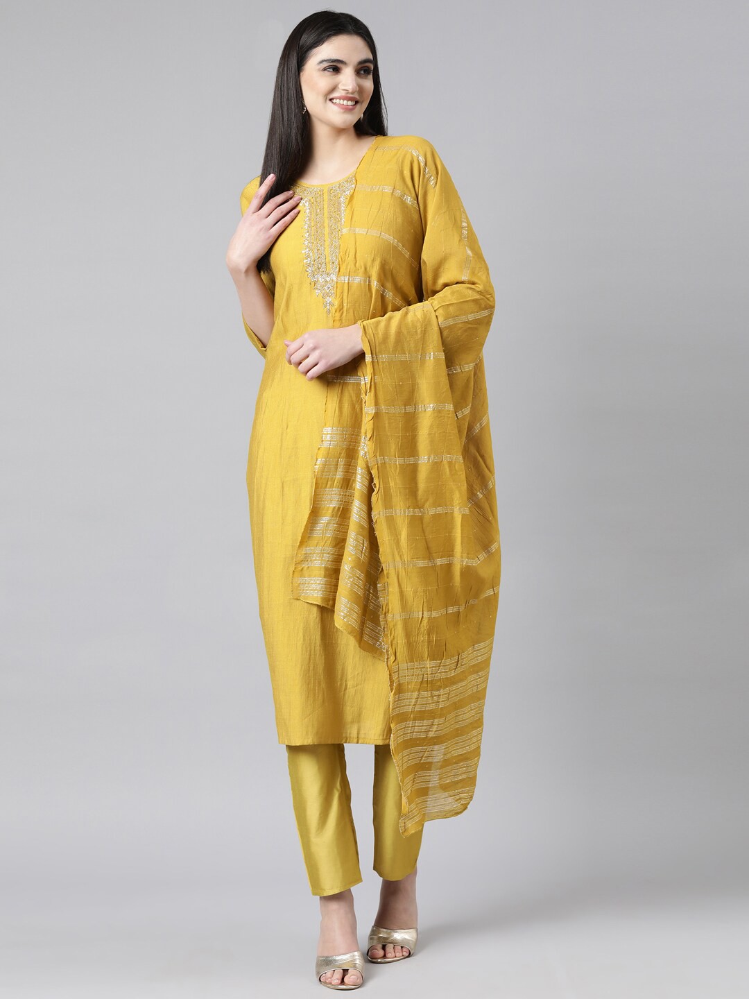 

Neerus Ethnic Motifs Yoke Design Beads & Stones Kurta With Trousers & Dupatta, Mustard