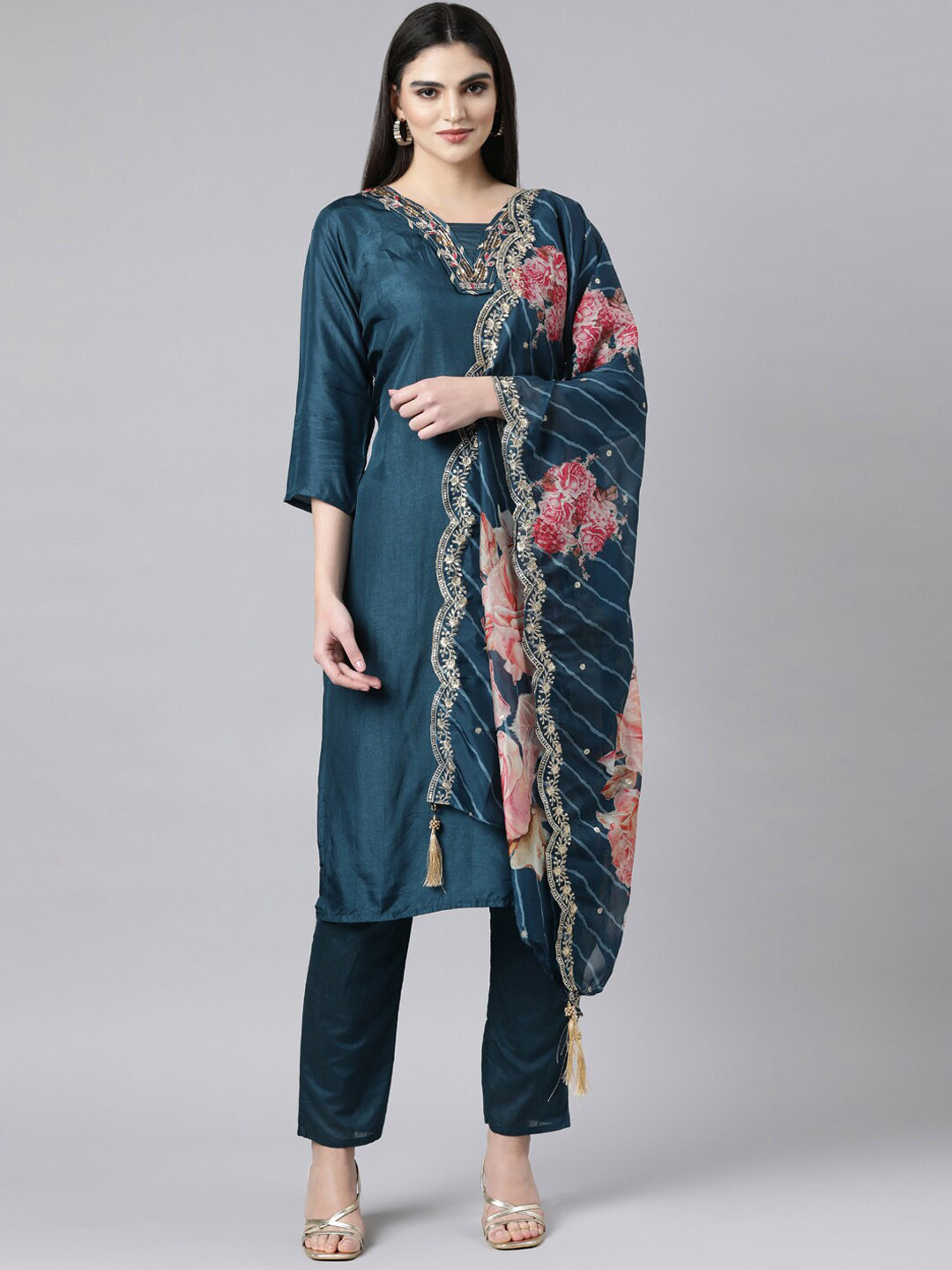 

Neerus Women Yoke Design Regular Beads and Stones Raw Silk Kurta with Trousers & With Dupatta, Blue