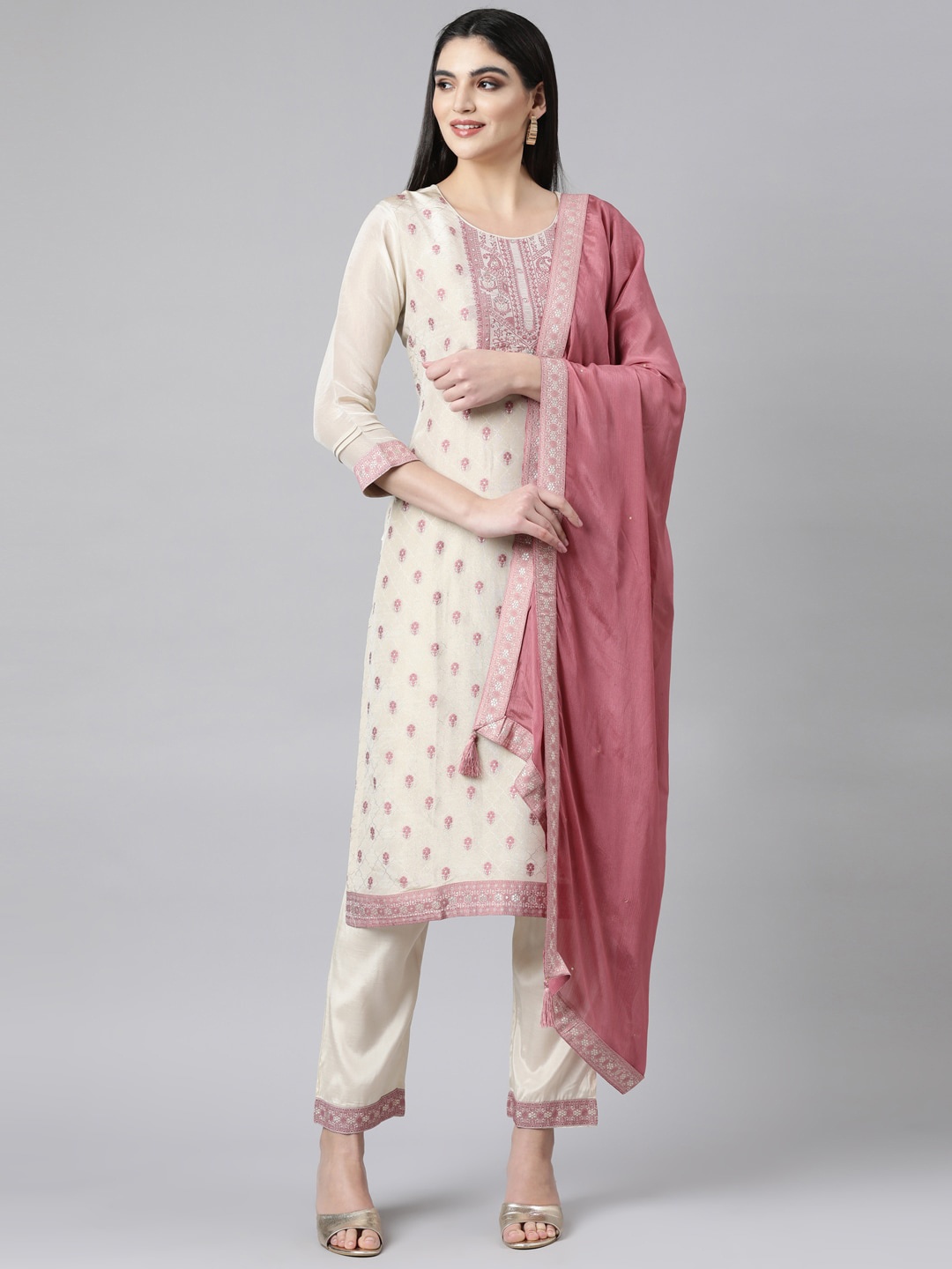 

Neerus Floral Woven Design Yoke Design Straight Kurta & Trousers With Dupatta, Cream