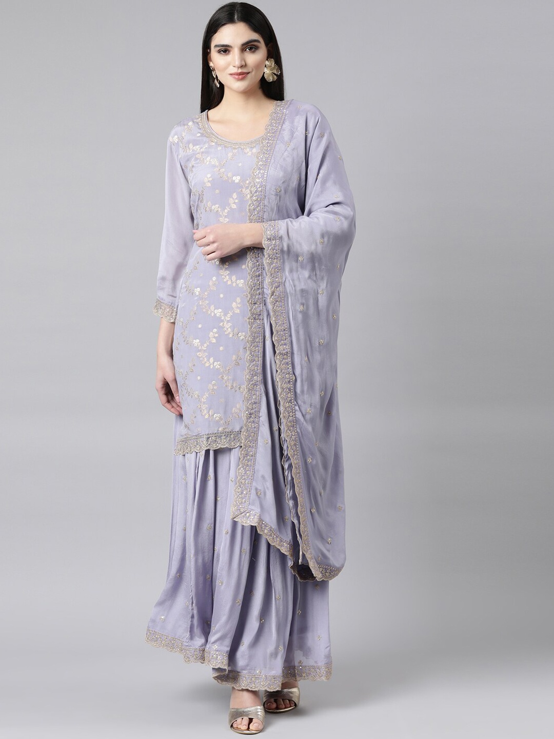 

Neerus Floral Embroidered Straight Aari Work Kurta with Palazzos & With Dupatta, Lavender