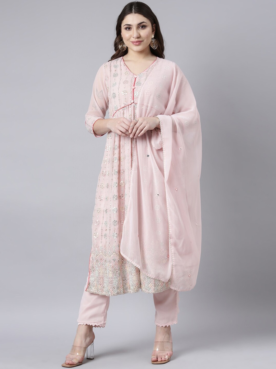 

Neerus Floral Embroidered Mirror Work Anarkali Kurta with Trousers & With Dupatta, Pink