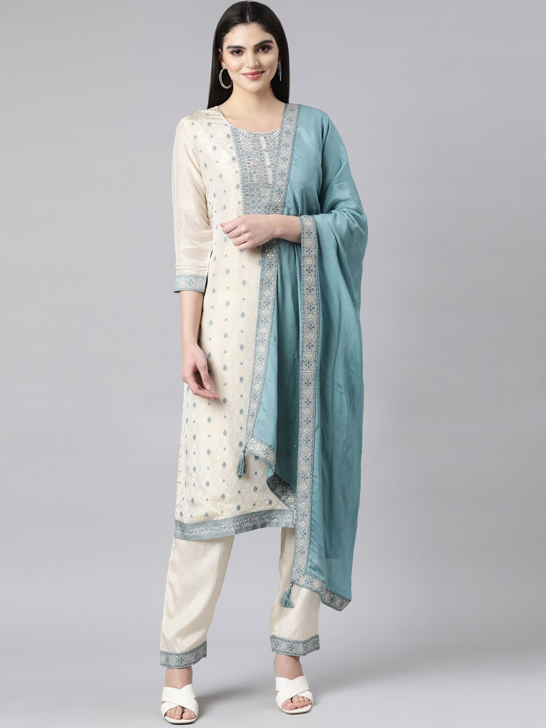 

Neerus Floral Yoke Design Thread Work Straight Kurta with Trousers & With Dupatta, Cream