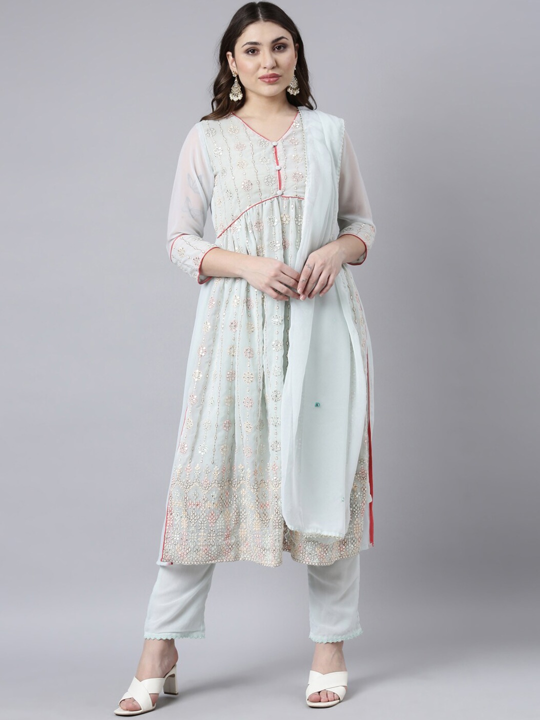 

Neerus Floral Embroidered Empire Mirror Work Anarkali Kurta with Trousers & Dupatta, Green