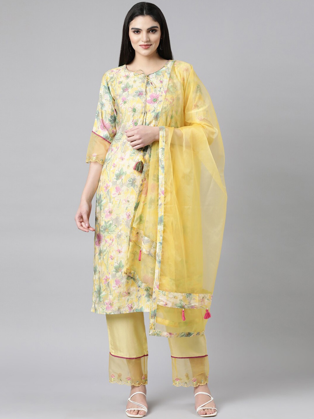 

Neerus Floral Printed Tie-Up Neck Straight Kurta With Trousers & Dupatta, Yellow