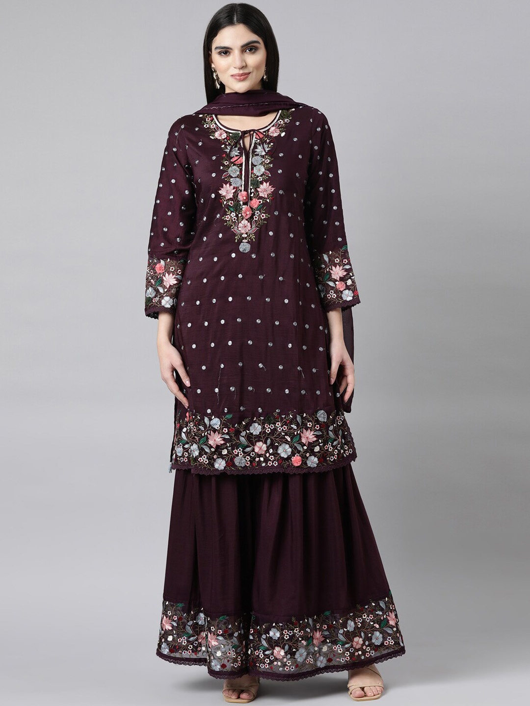 

Neerus Floral Embroidered Tie-Up Neck Straight Kurta With Sharara & Dupatta, Purple