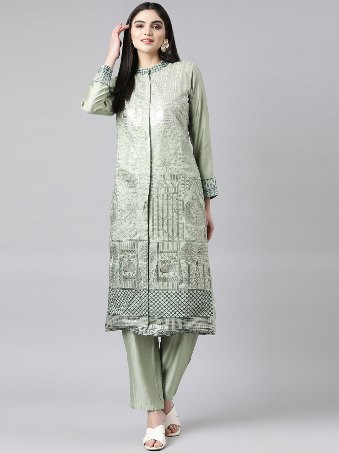 

Neerus Ethnic Motifs Embroidered Band Collar Pure Cotton Straight Kurta With Trouser, Green