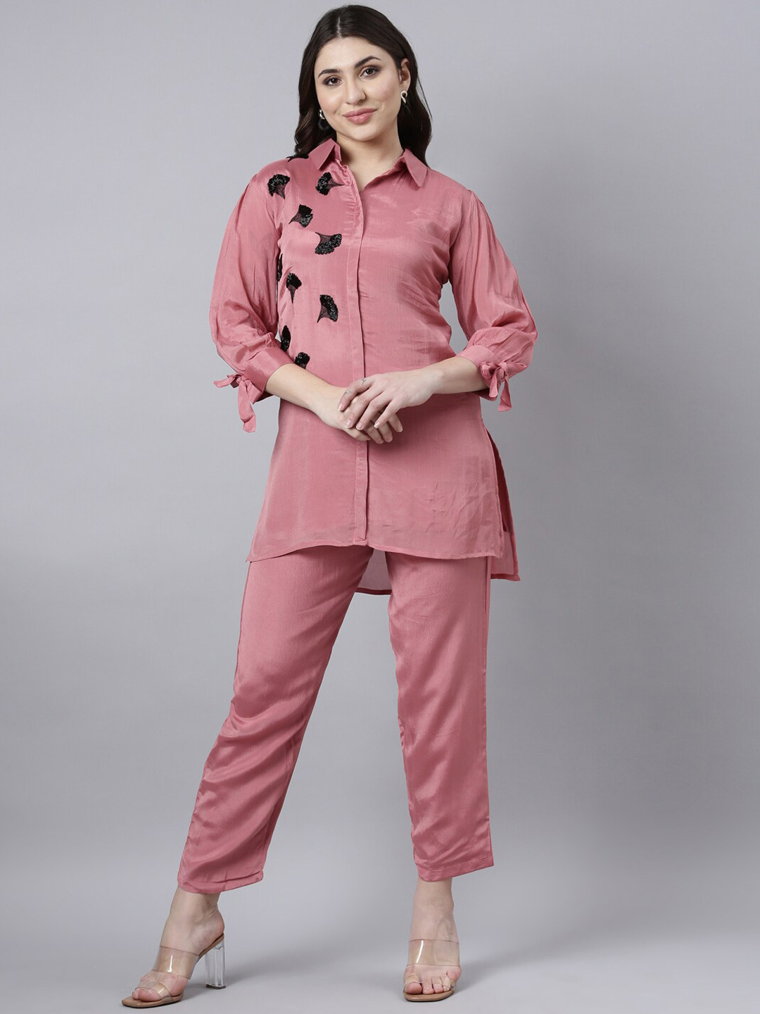 

Neerus Plus Size Regular Beads And Stones High-Low Top With Trousers, Pink