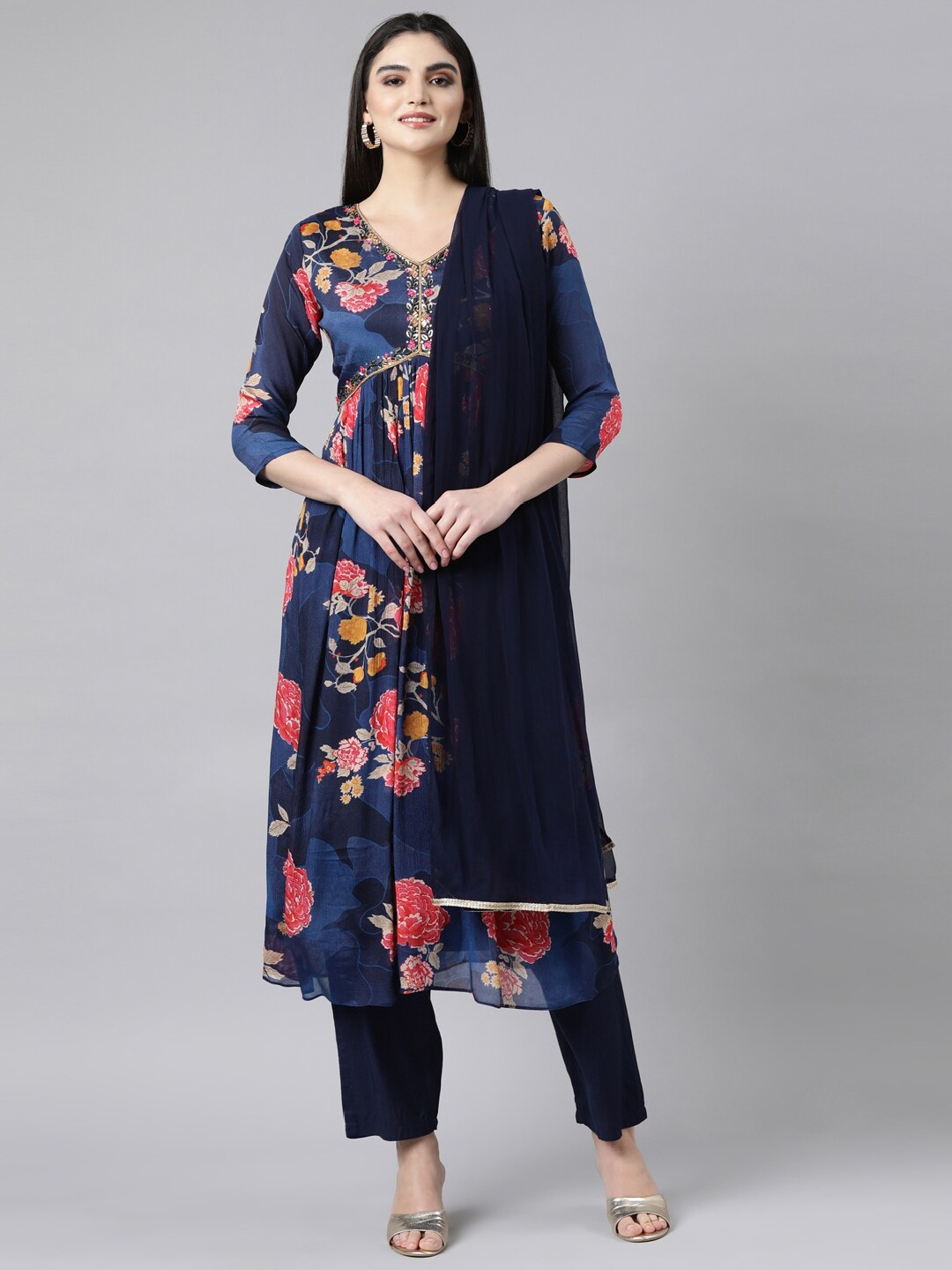 

Neerus Floral Printed Silk Chiffon A-Line Empire Kurta With Trousers & Dupatta, Navy blue