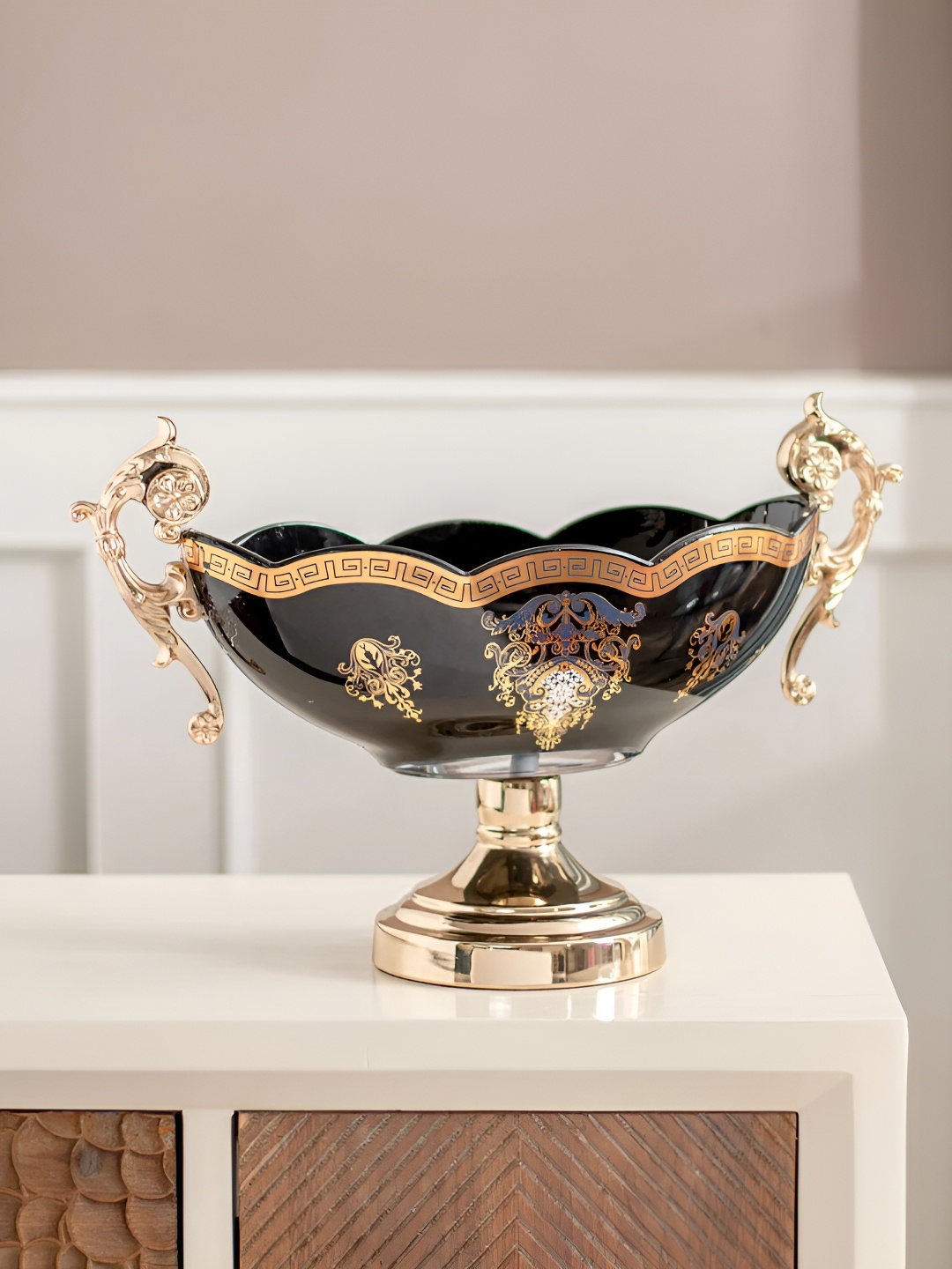 

THEDECORKART Black & Gold Toned Printed Glass Curio Showpiece