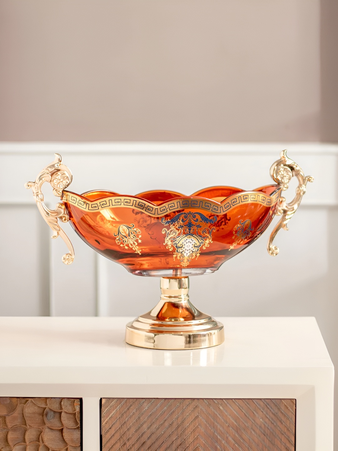 

THEDECORKART Orange & Gold Toned Printed Glass Curio Showpiece