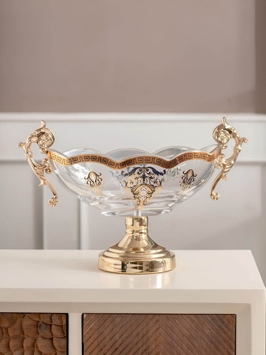 

THEDECORKART Gold Toned Printed Glass Curio Showpiece