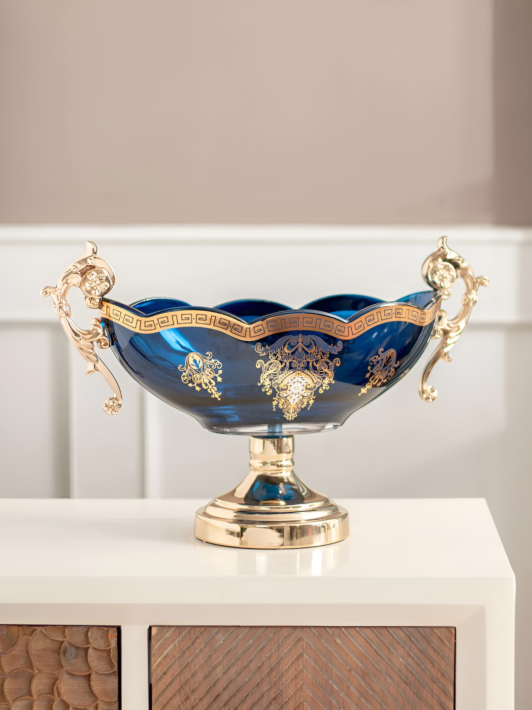 

THEDECORKART Blue & Gold Toned Printed Glass Curio Showpiece