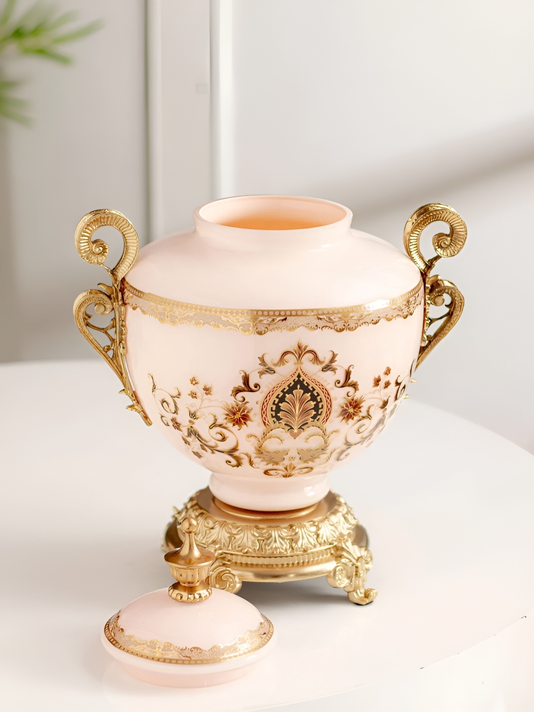 

THEDECORKART Peach & Gold Toned Printed Glass Curio Showpiece