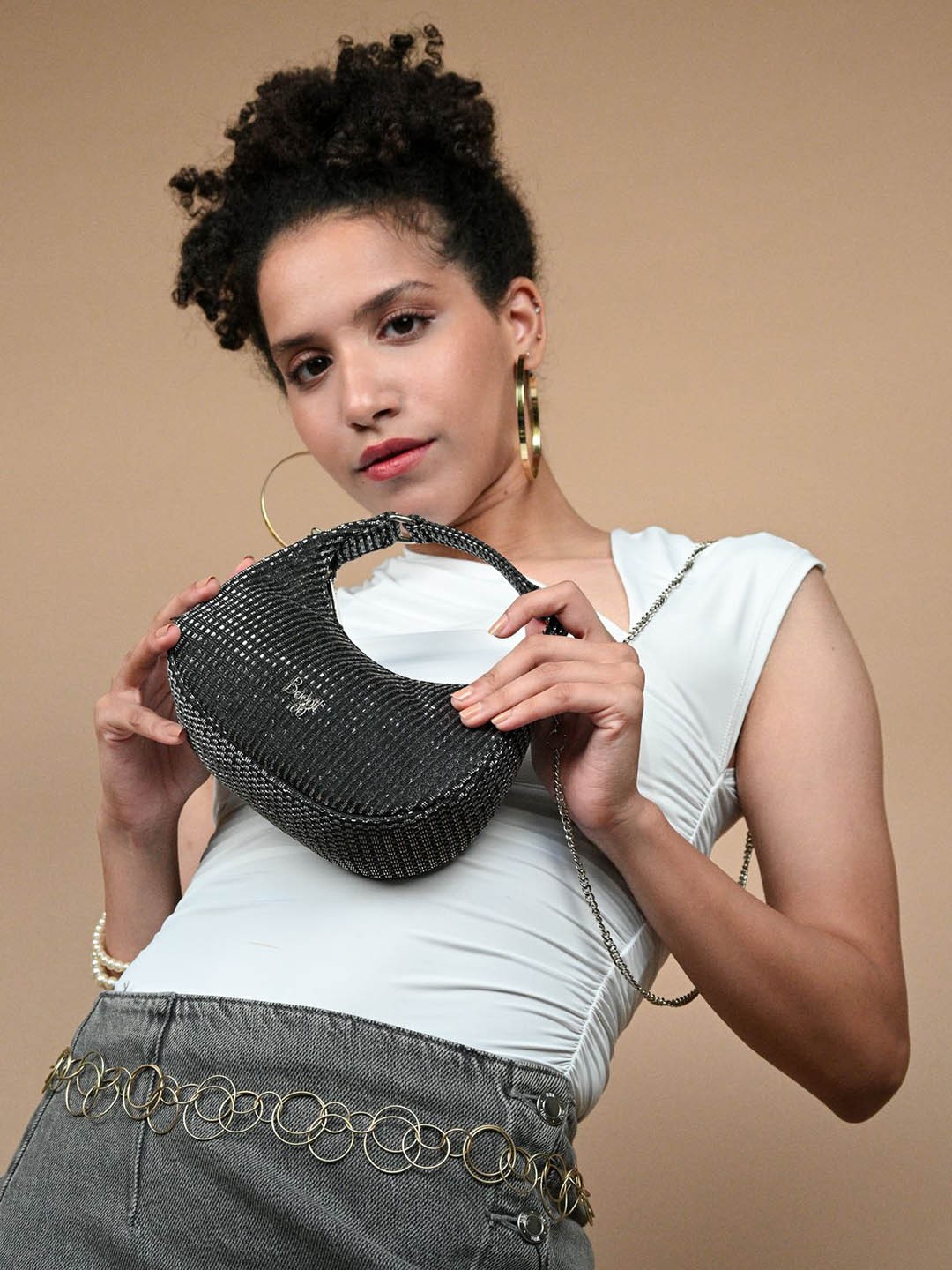 

Baggit Embellished Cut Work Detailed Half Moon Hobo Bag, Black