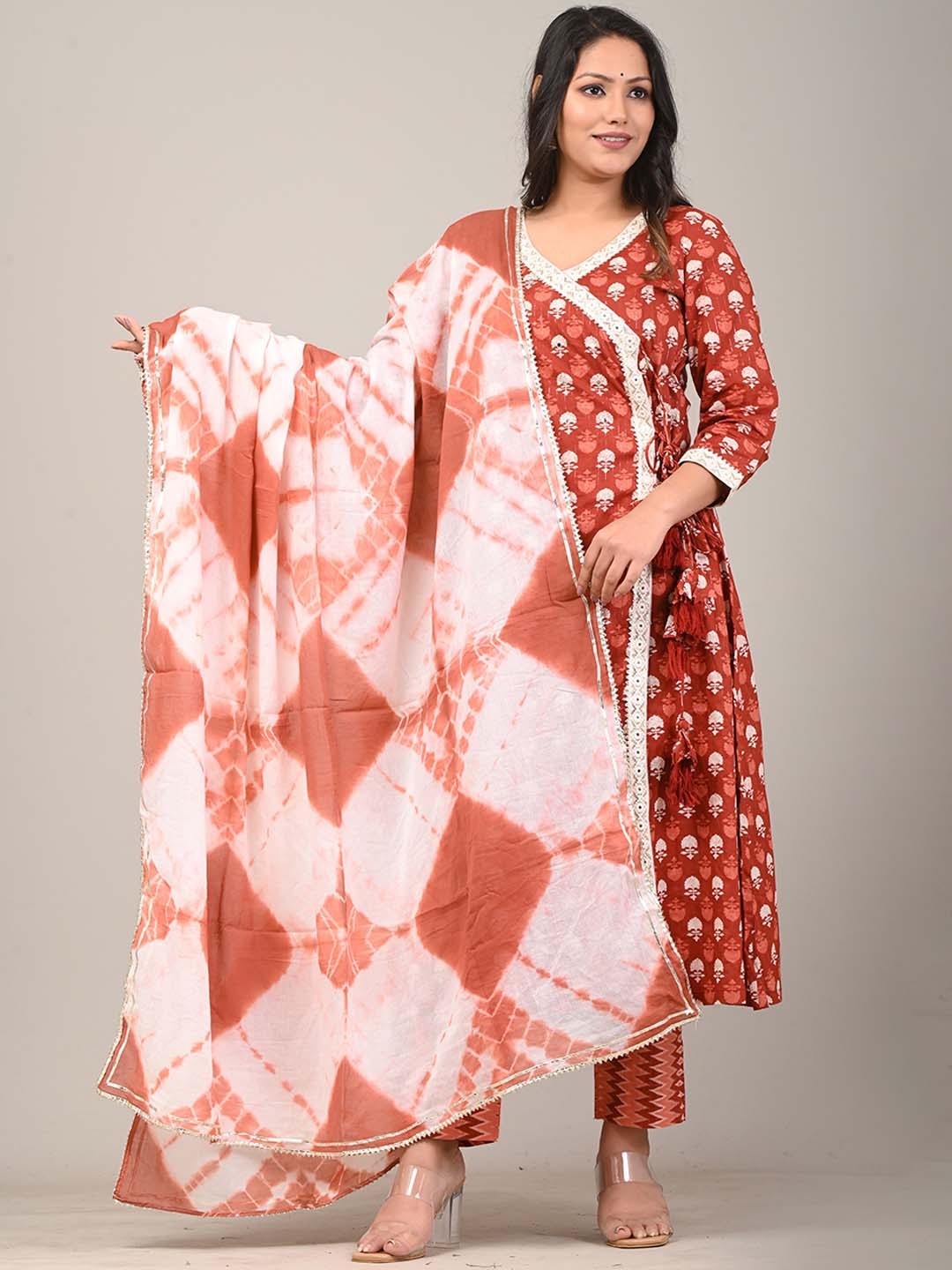 

YUSRA Ethnic Motifs Printed Regular Pure Cotton A-Line Kurta with Trousers & Dupatta, Orange