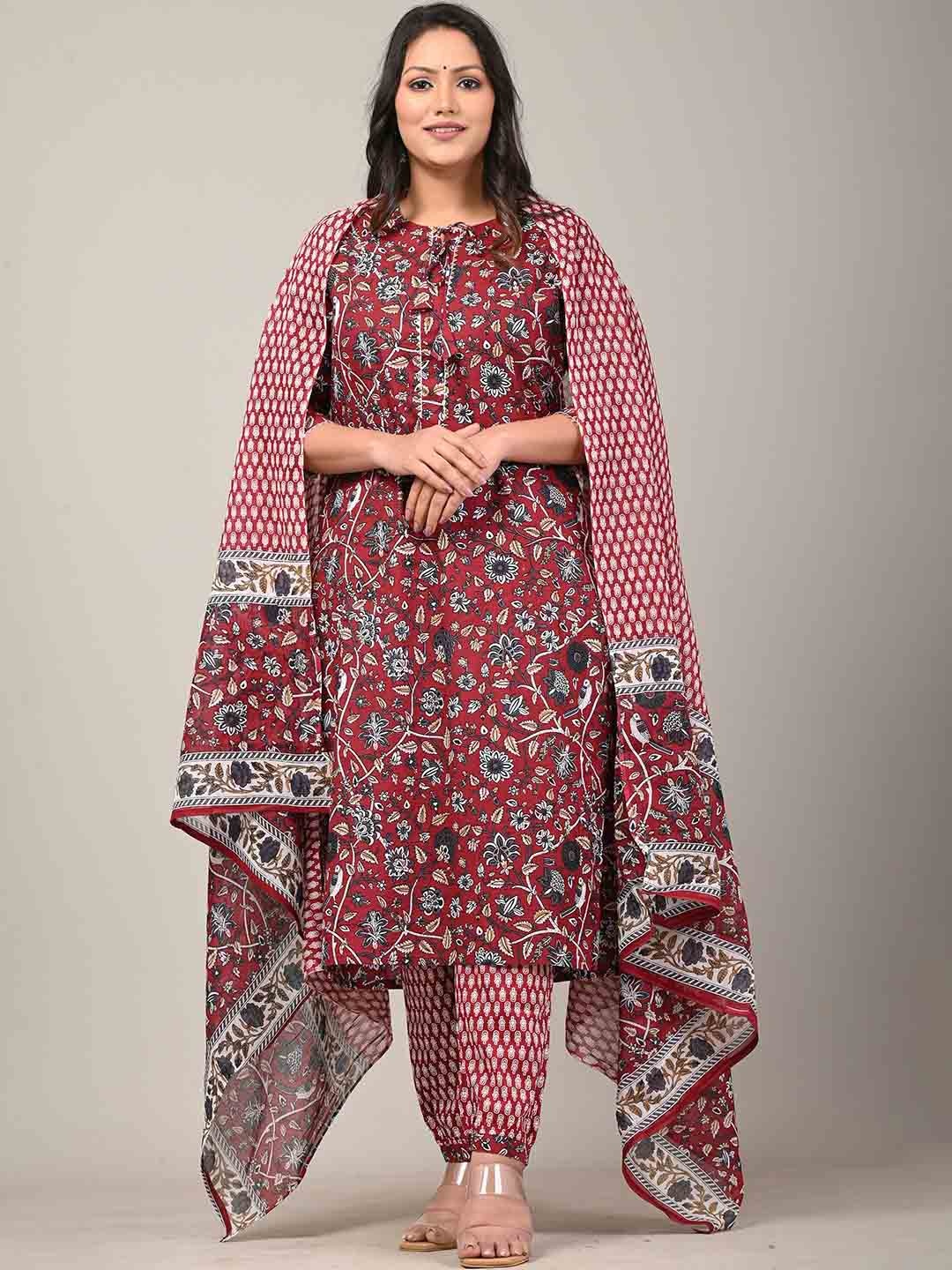 

YUSRA Floral Printed Tie-Up Neck Regular Kurta with Trousers & Dupatta, Maroon