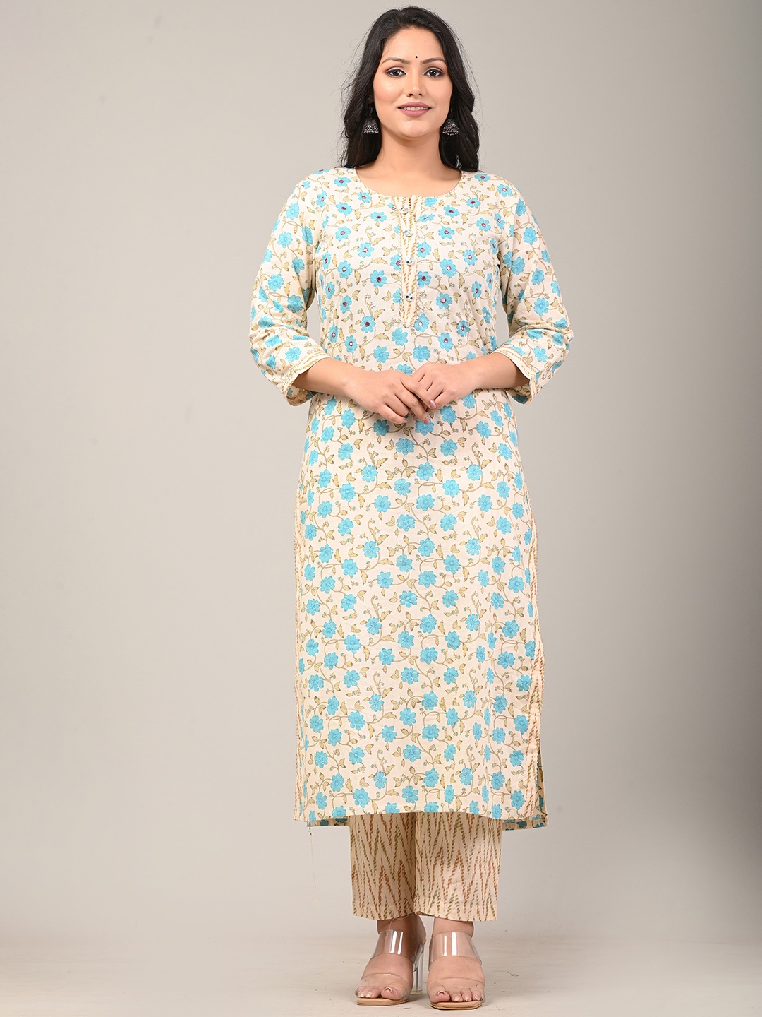 

YUSRA Floral Printed Regular Round Neck Kurta with Trousers & Dupatta, Cream
