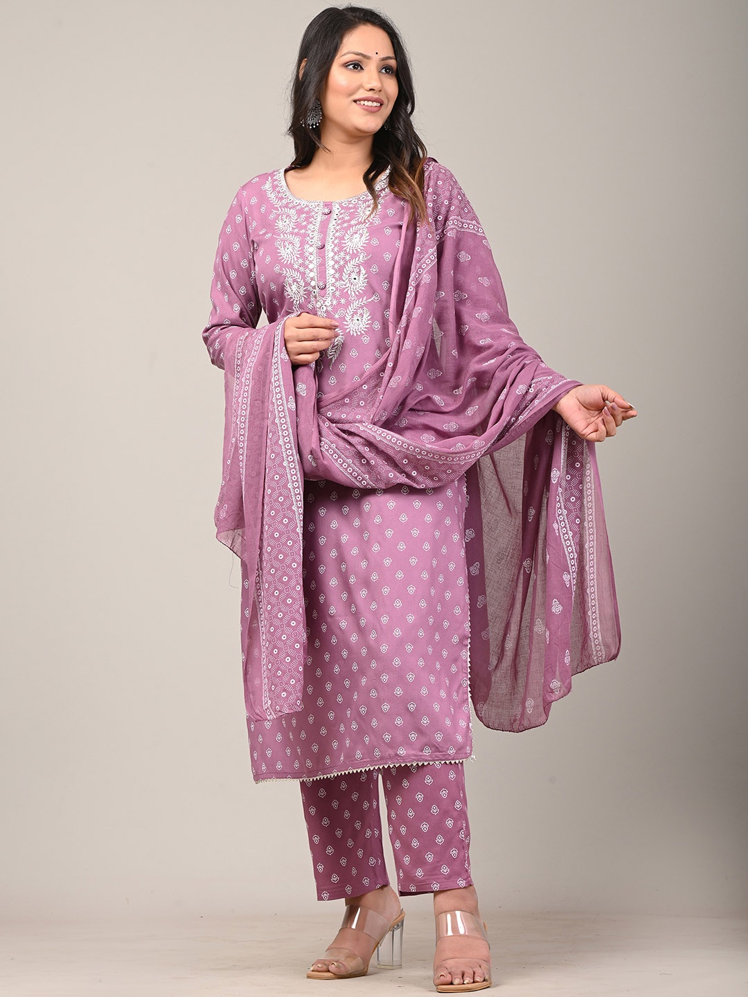

YUSRA Floral Printed Embroidered Kurta With Trousers & Dupatta, Purple