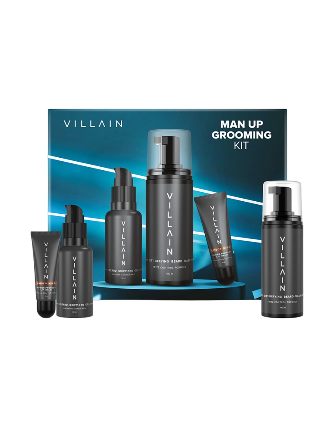 

VILLAIN 3-Pcs Beard Oil-Beard Wash & Lip Balm Grooming Kit, Black